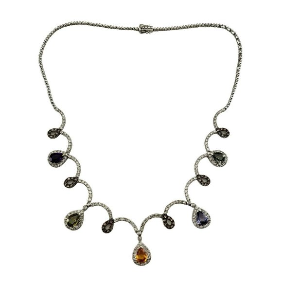 Vintage 14 Karat White Gold Diamond & Multi-gemstone Necklace  #9941 - Picture 1 of 8